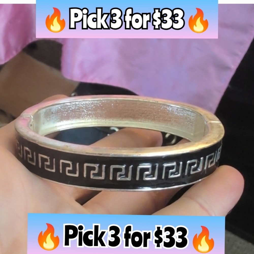 Silver Greek Key Hinged Bangle - PACK OF 2  - Vintage Black 🔥Pick 3 for $33